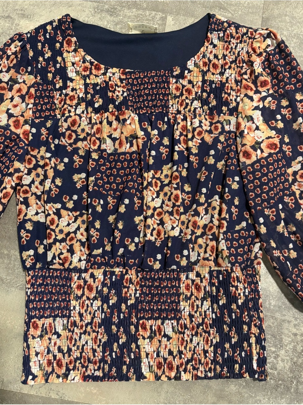 Women’s Navy Floral Smocked Waist blouse